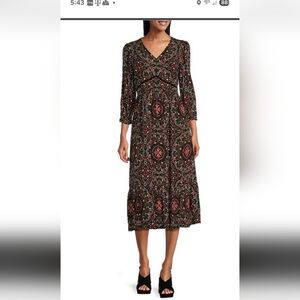 Nurture by Westbound Boho Midi Dress Black Multi Print 3/4 Sleeve